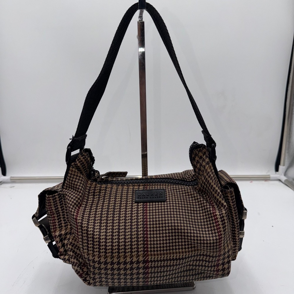 Lauren Ralph Lauren Y2K Houndstooth Nylon Shoulder Bag Brown Tan